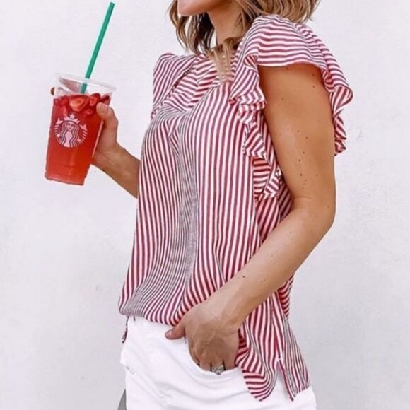 Loft Women's Red Striped Flutter Sleeve Rayon Blouse - Picture 7 of 16